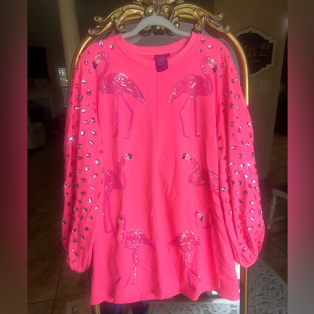 QUEEN OF SPARKLES Neon Pink Embellished Flamingo Dress - Picture 2 of 7